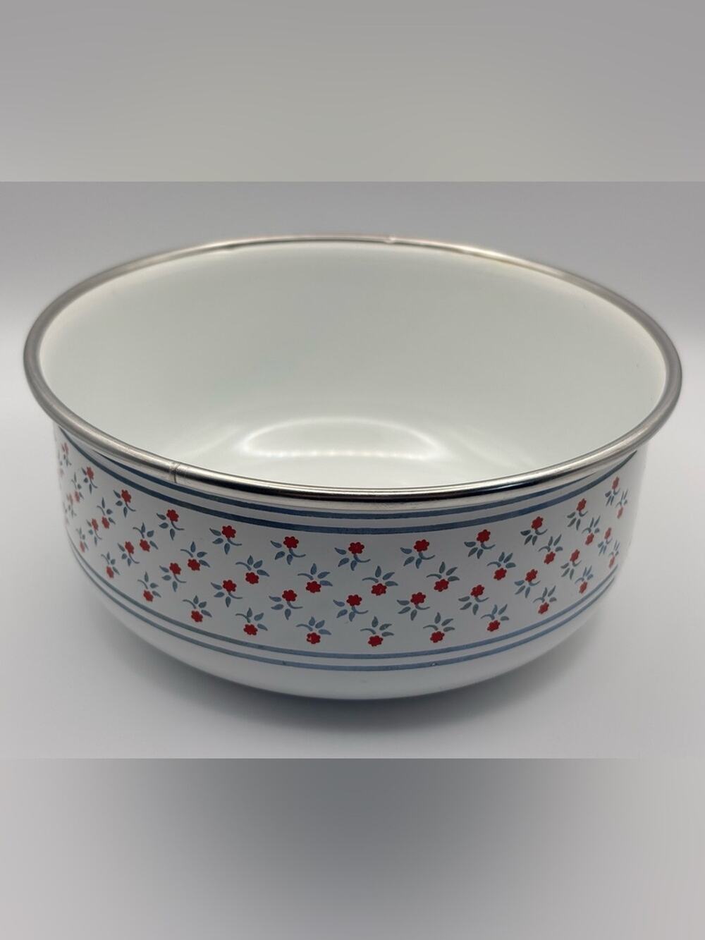Vintage Kamenstein Enamel Mixing Bowl with Blue Stripes and Red Floral Design